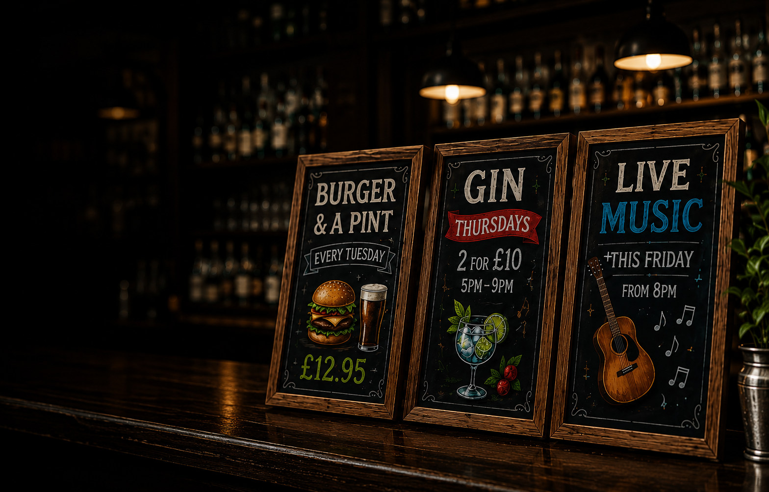 Three bespoke chalkboard signs displaying pub food, gin offers and live music